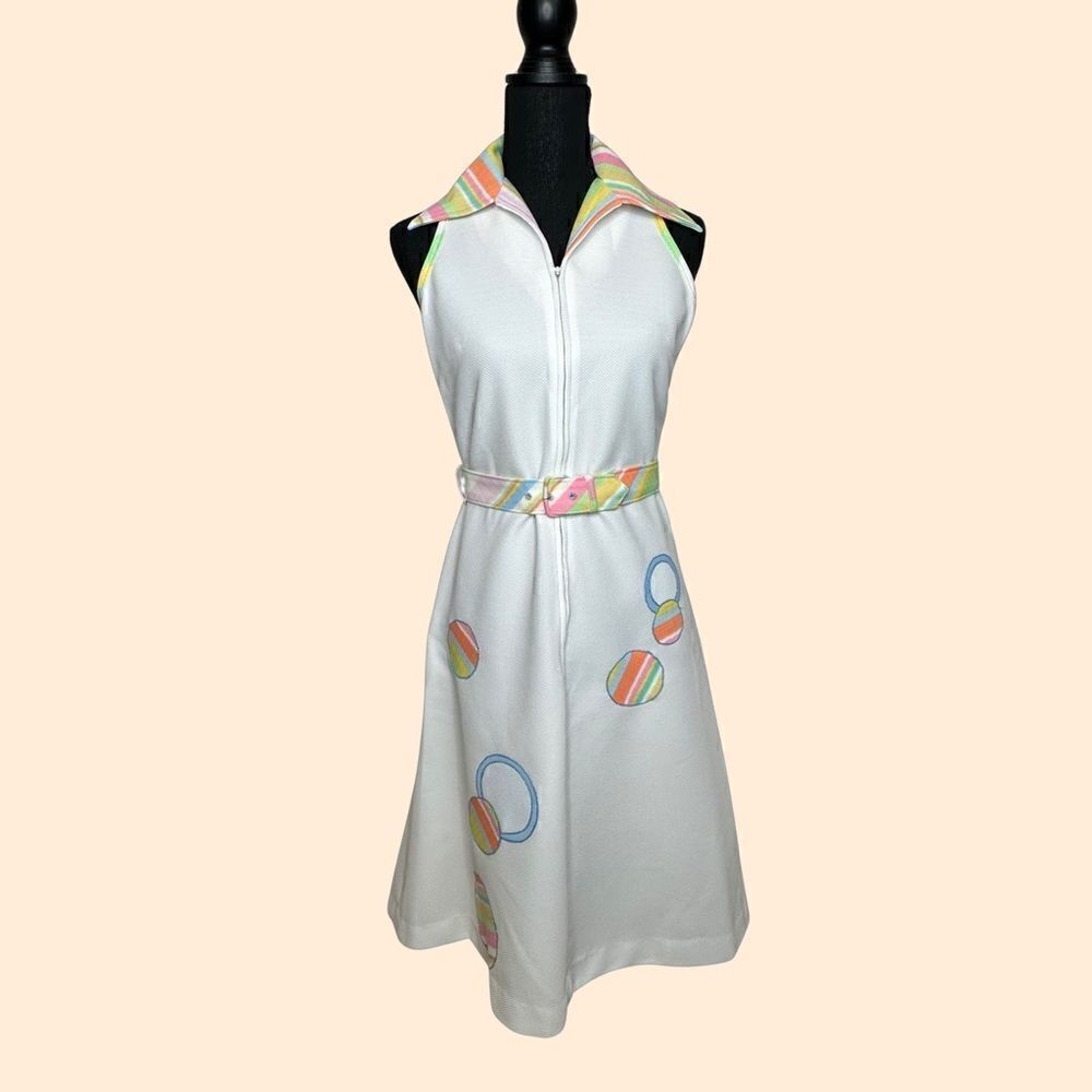 FLUTTERBYE Vintage White With Multi Color Accents MIDI Dress Size 8 - 10